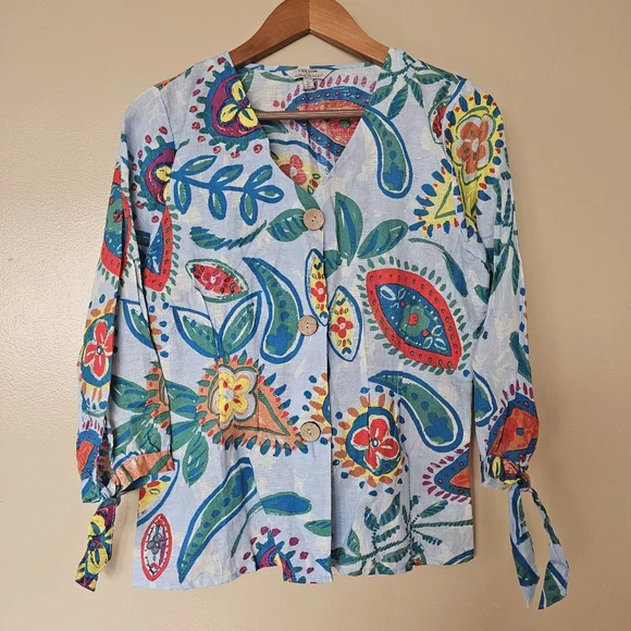 Hester & Orchard Anthropologie Linen Blend Paisley Top M Boho Resortwear Beachy - Picture 1 of 10